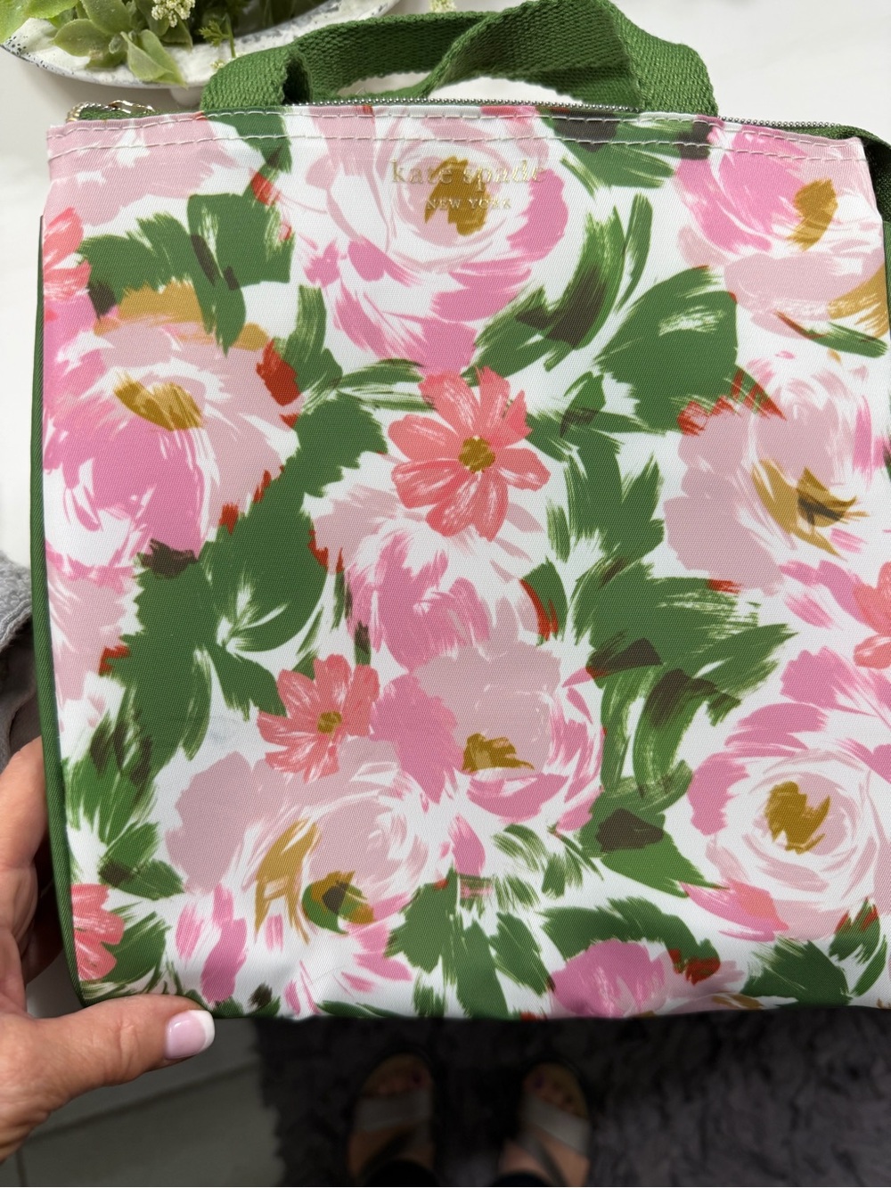 Kate Spade Hidden Garden floral pouch in pink, green & gold-tone lunchbox